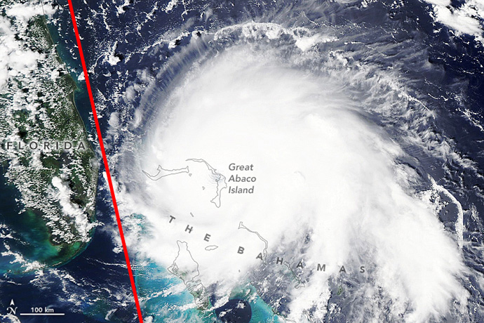 Hurricane Dorian in September 2019 with Aeolus path