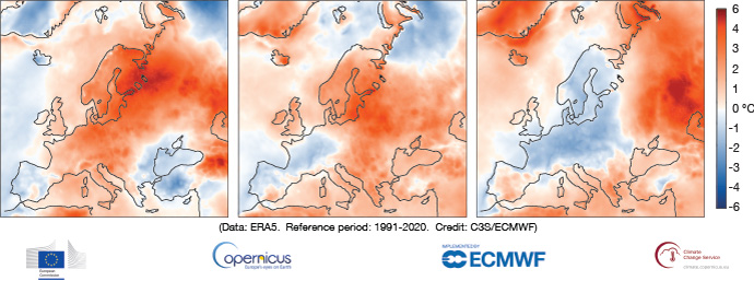 European temperature anomalies June, July, August 2021