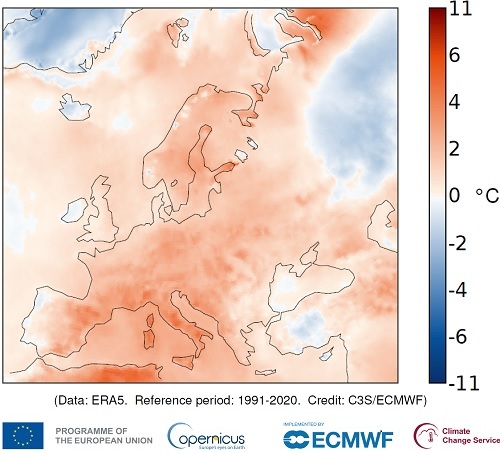 C3S temperature anomaly map Europe June 2022