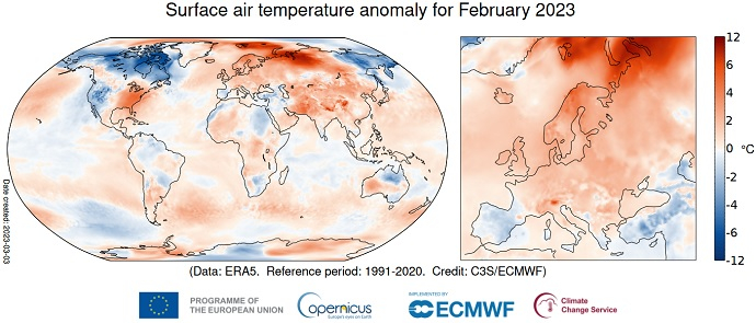 C3S surface air temperature anomaly Feb 2023