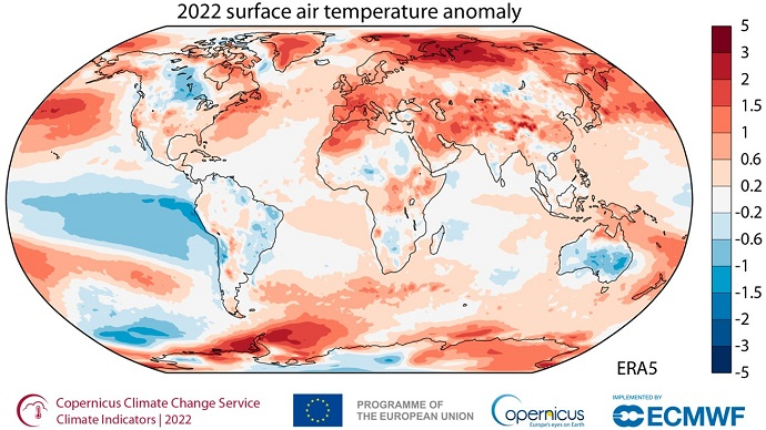 Average surface air temperature anomaly for 2022