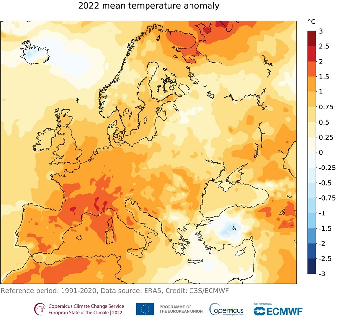 Surface air temperature anomaly in Europe in 2022