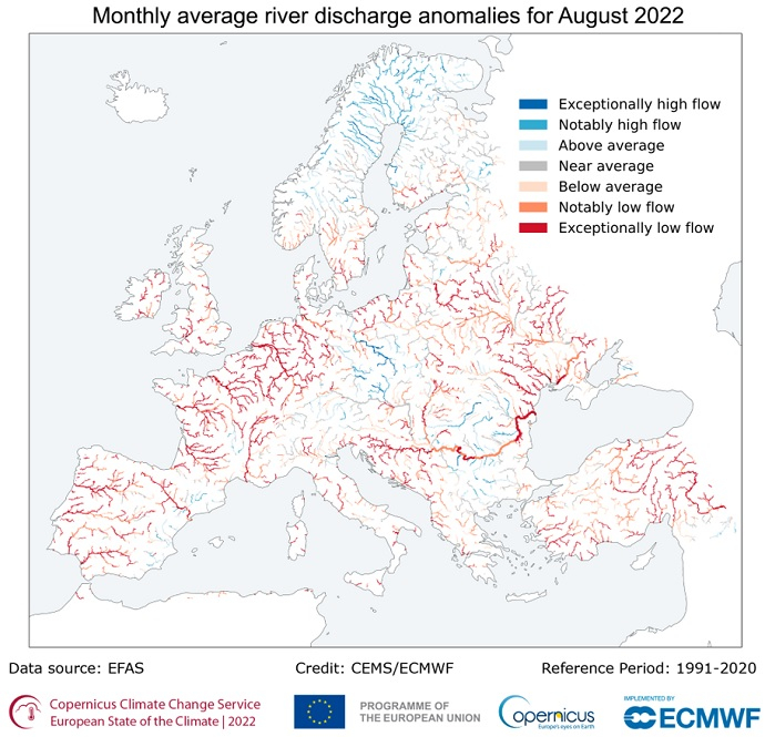 Average river discharge anomalies for August 2022